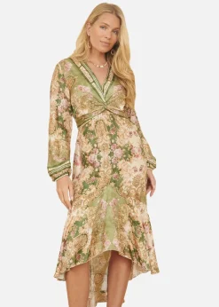 Yumi Green Viscose Scarf Print Tie Front Midi Dress With Dip Hem