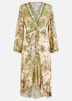 Yumi Green Viscose Scarf Print Tie Front Midi Dress With Dip Hem