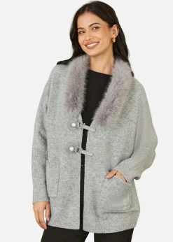 Yumi Grey Cardigan With Detachable Fur Collar Trim