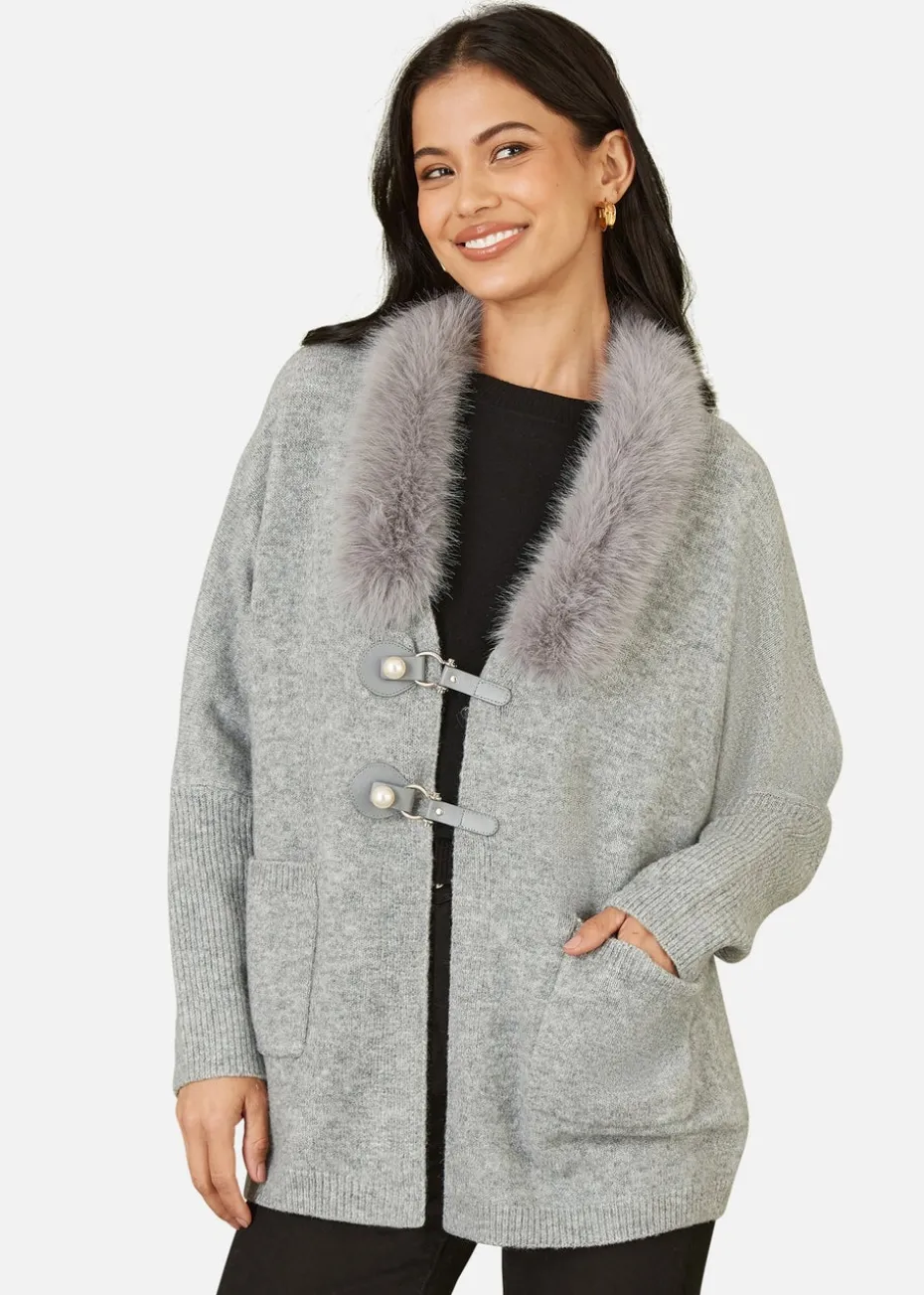 Yumi Grey Cardigan With Detachable Fur Collar Trim