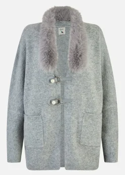Yumi Grey Cardigan With Detachable Fur Collar Trim