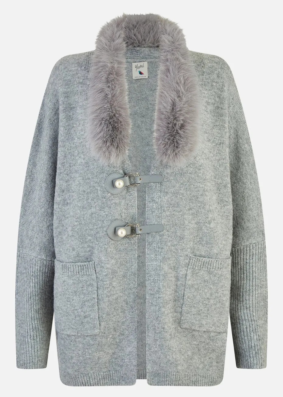 Yumi Grey Cardigan With Detachable Fur Collar Trim