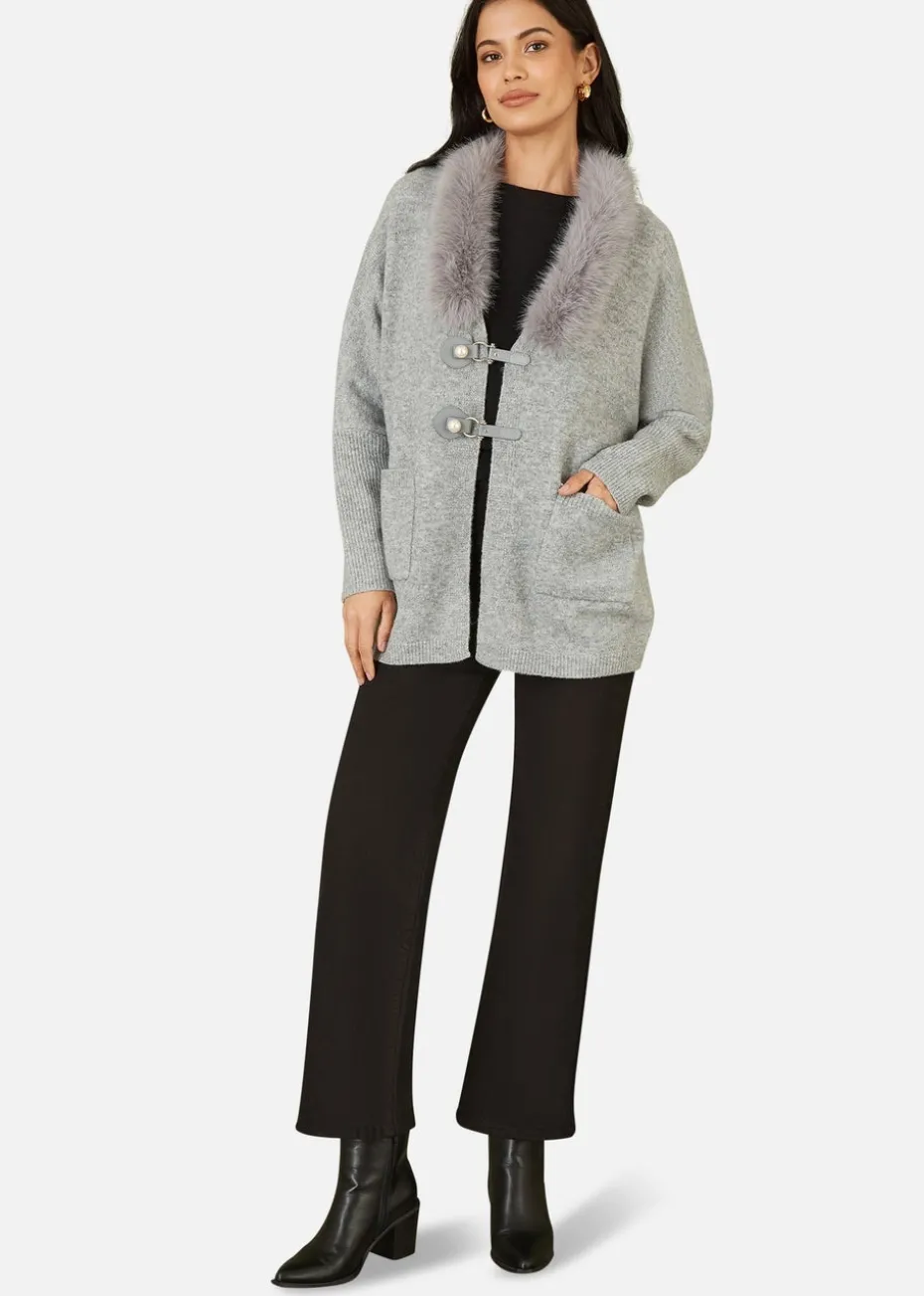 Yumi Grey Cardigan With Detachable Fur Collar Trim