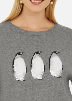 Yumi Grey Christmas Festive Penguin Knitted Jumper