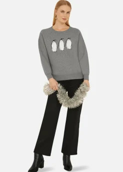 Yumi Grey Christmas Festive Penguin Knitted Jumper