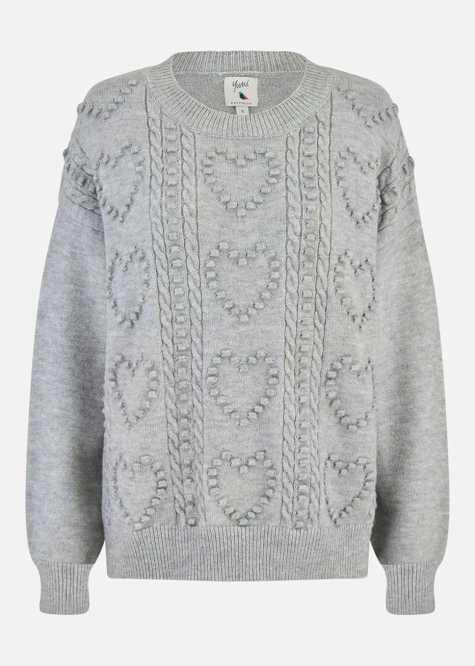 Yumi Grey Heart Knit Relaxed Jumper