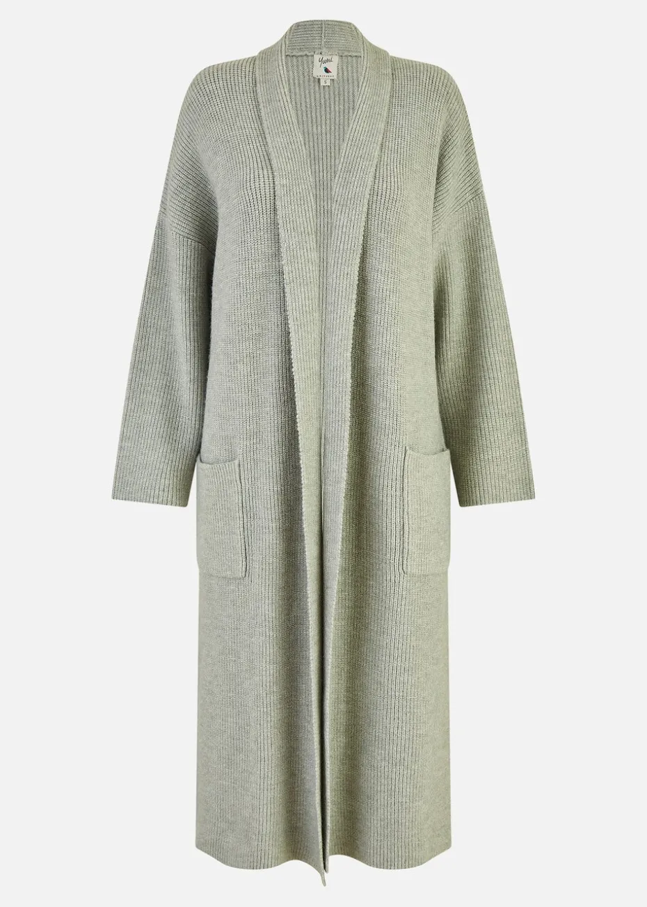 Yumi Grey Knitted Maxi Cardigan With Pockets