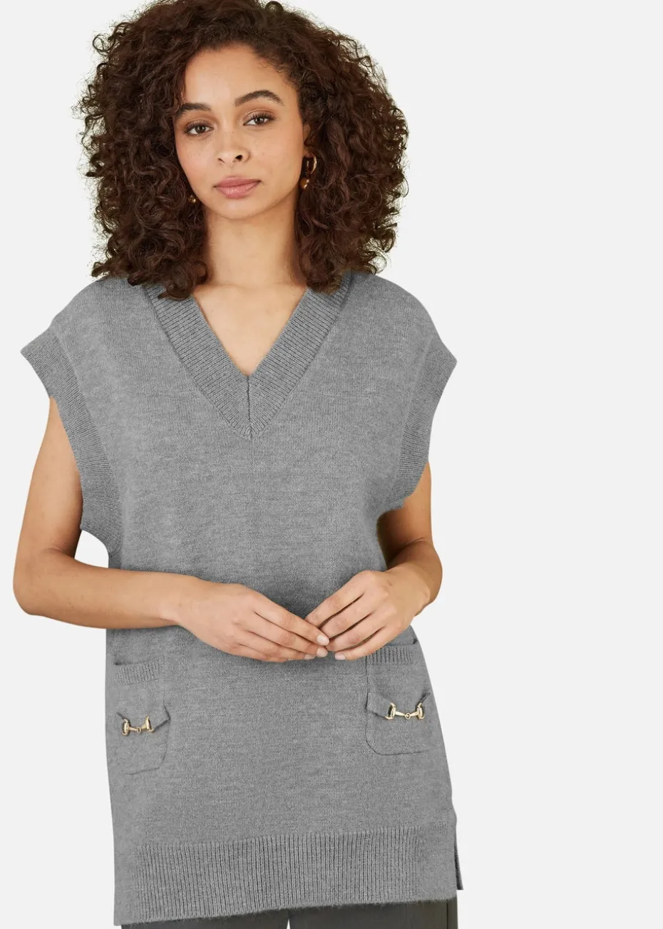 Yumi Grey Knitted Oversize Vest With Pockets And Snaffle Details