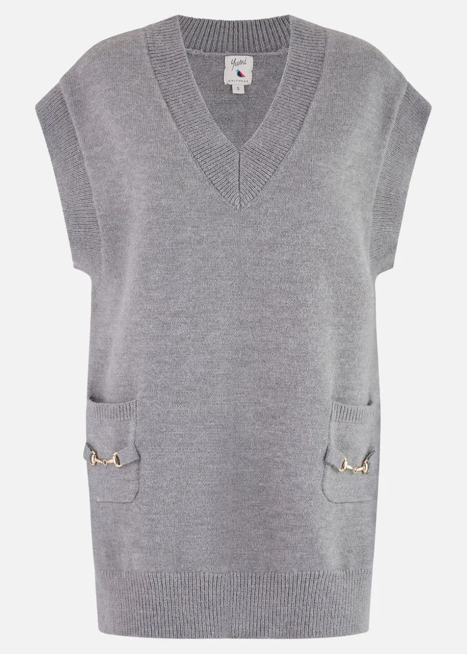 Yumi Grey Knitted Oversize Vest With Pockets And Snaffle Details