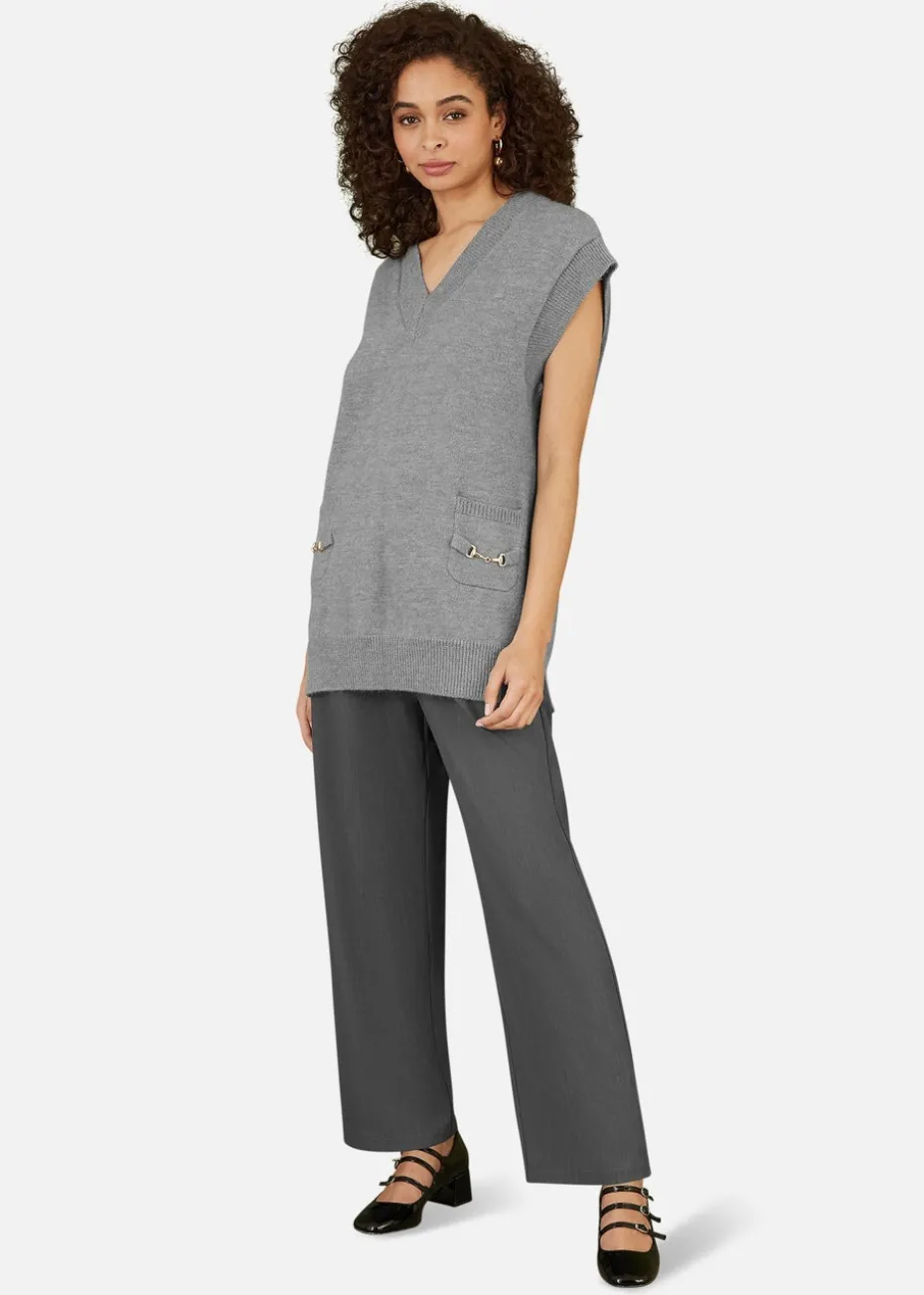 Yumi Grey Knitted Oversize Vest With Pockets And Snaffle Details