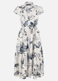 Yumi Ivory Abstract Floral Midi Shirt Dress