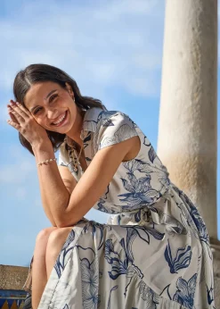 Yumi Ivory Abstract Floral Midi Shirt Dress