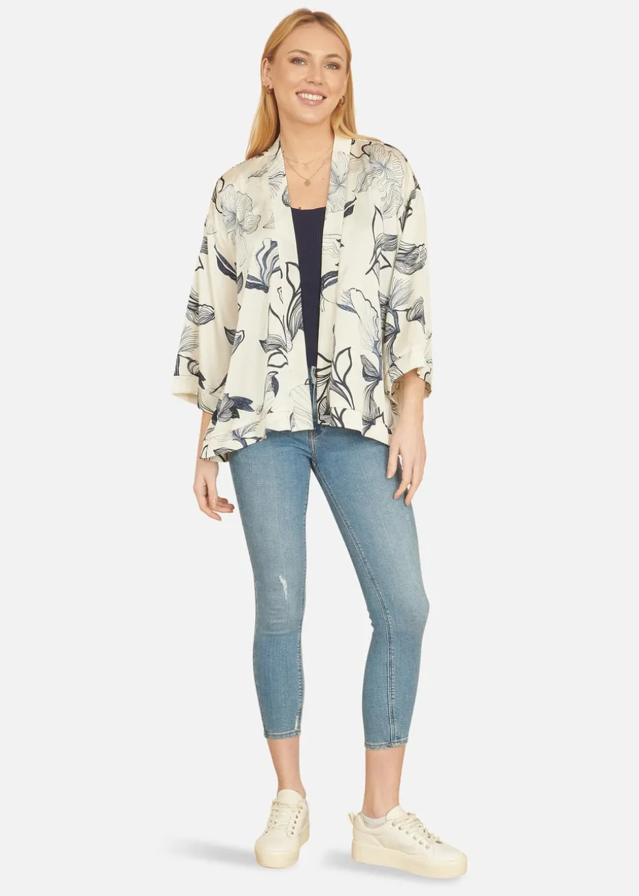 Yumi Ivory Abstract Floral Print Kimono