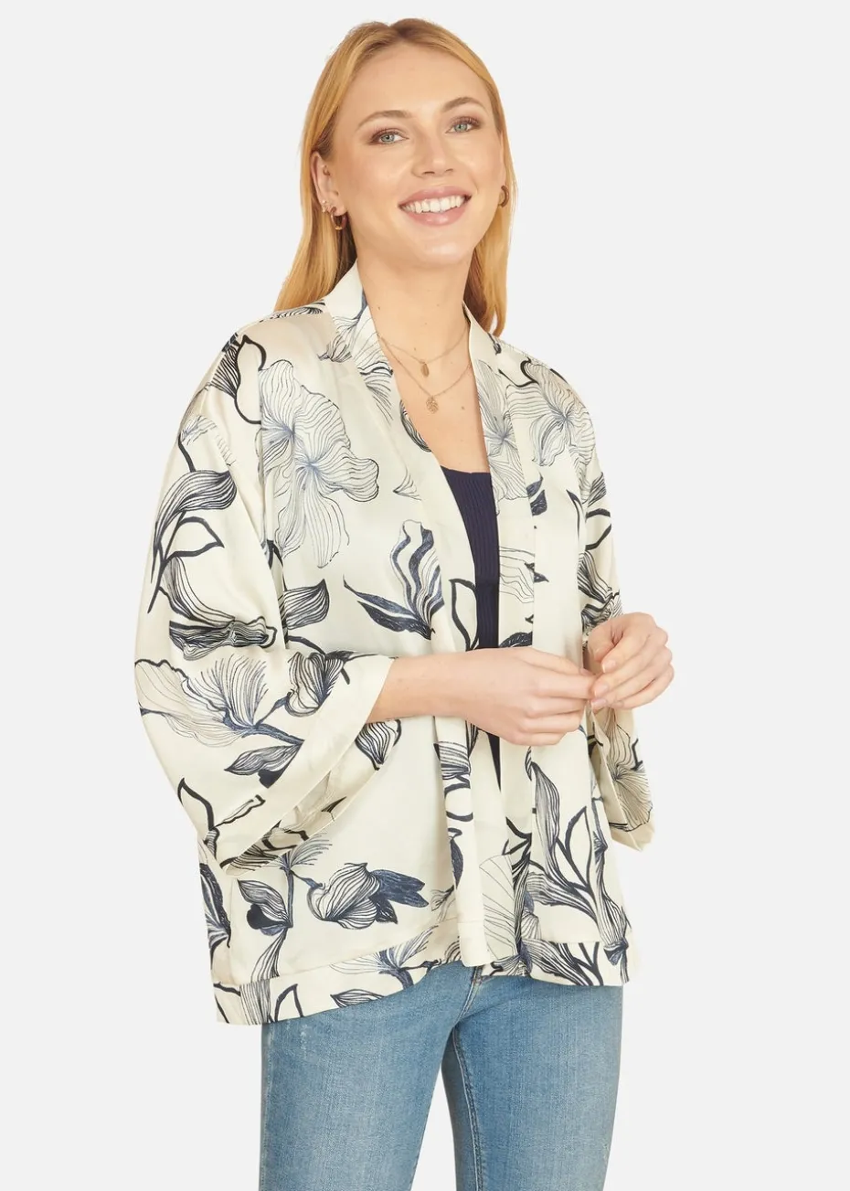 Yumi Ivory Abstract Floral Print Kimono