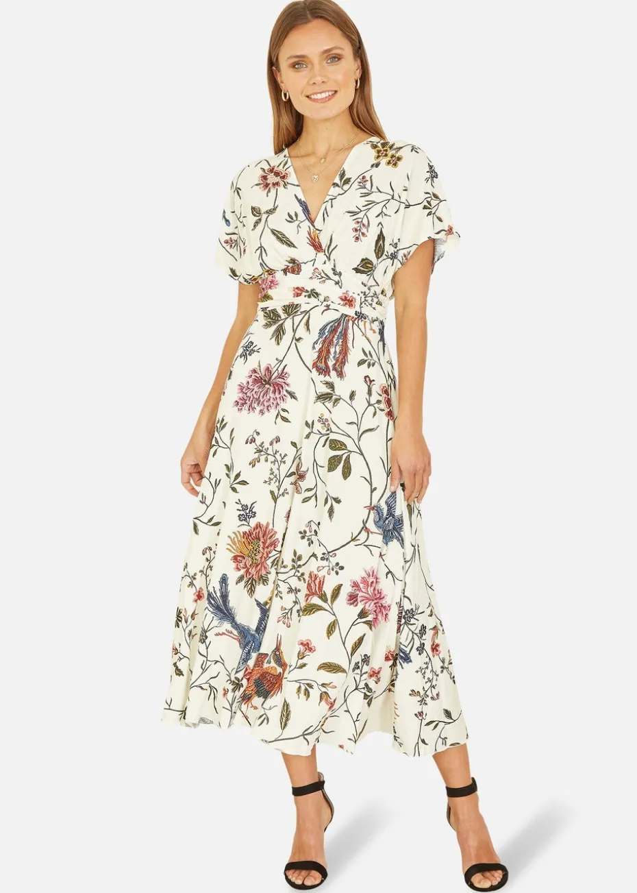 Yumi Ivory Bird and Floral Print Ruched Waist Kimono Midi Dress