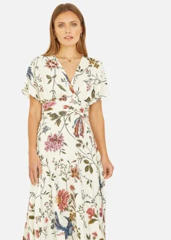 Yumi Ivory Bird and Floral Print Ruched Waist Kimono Midi Dress