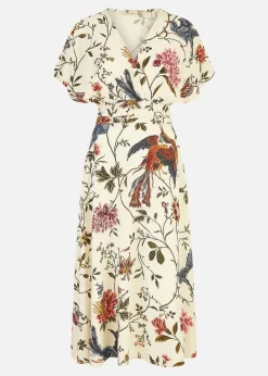 Yumi Ivory Bird and Floral Print Ruched Waist Kimono Midi Dress
