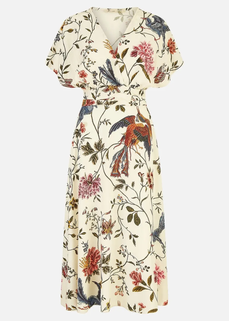 Yumi Ivory Bird and Floral Print Ruched Waist Kimono Midi Dress