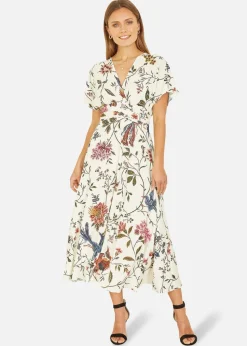 Yumi Ivory Bird and Floral Print Ruched Waist Kimono Midi Dress