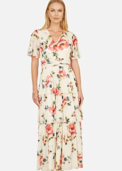 Yumi Ivory Floral Mesh Tiered Maxi Dress