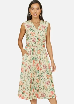Yumi Ivory Floral Print Mesh Stretch Midi Dress With Pockets