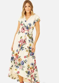 Yumi Ivory Floral Wrap Dip Hem Dress