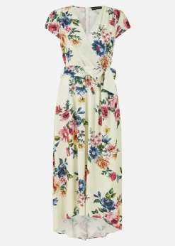Yumi Ivory Floral Wrap Dip Hem Dress