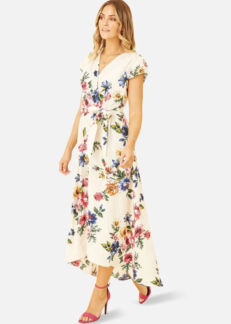Yumi Ivory Floral Wrap Dip Hem Dress