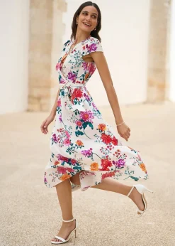 Yumi Ivory Flower Print Wrap Midi Dress