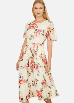 Yumi Ivory Mesh Floral Print Midi Dress With Angel Sleeves