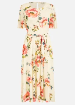 Yumi Ivory Mesh Floral Print Midi Dress With Angel Sleeves
