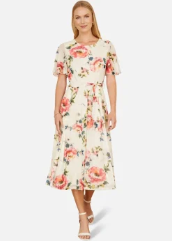 Yumi Ivory Mesh Floral Print Midi Dress With Angel Sleeves