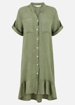 Yumi Khaki Italian Linen Shirt Dress With Frill Hem