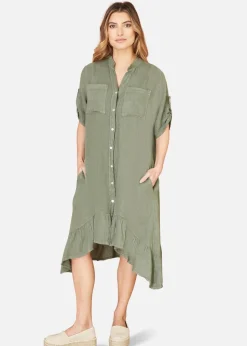 Yumi Khaki Italian Linen Shirt Dress With Frill Hem