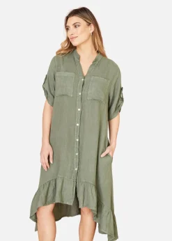 Yumi Khaki Italian Linen Shirt Dress With Frill Hem