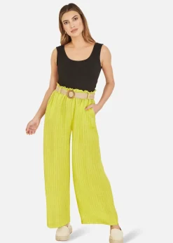 Yumi Lime Striped Italian Linen Wide Leg Trousers With Belt