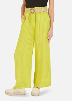 Yumi Lime Striped Italian Linen Wide Leg Trousers With Belt