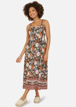 Yumi Multicolour Retro Floral Print Midi Sun Dress With Border Hem