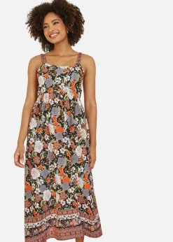Yumi Multicolour Retro Floral Print Midi Sun Dress With Border Hem