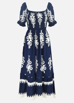 Yumi Navy Block Print Viscose Ruched Midi Dress