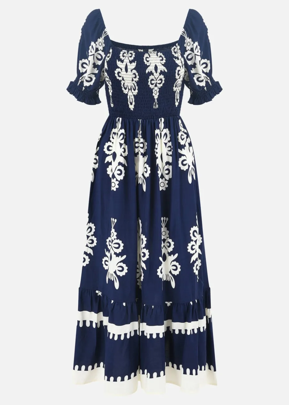 Yumi Navy Block Print Viscose Ruched Midi Dress