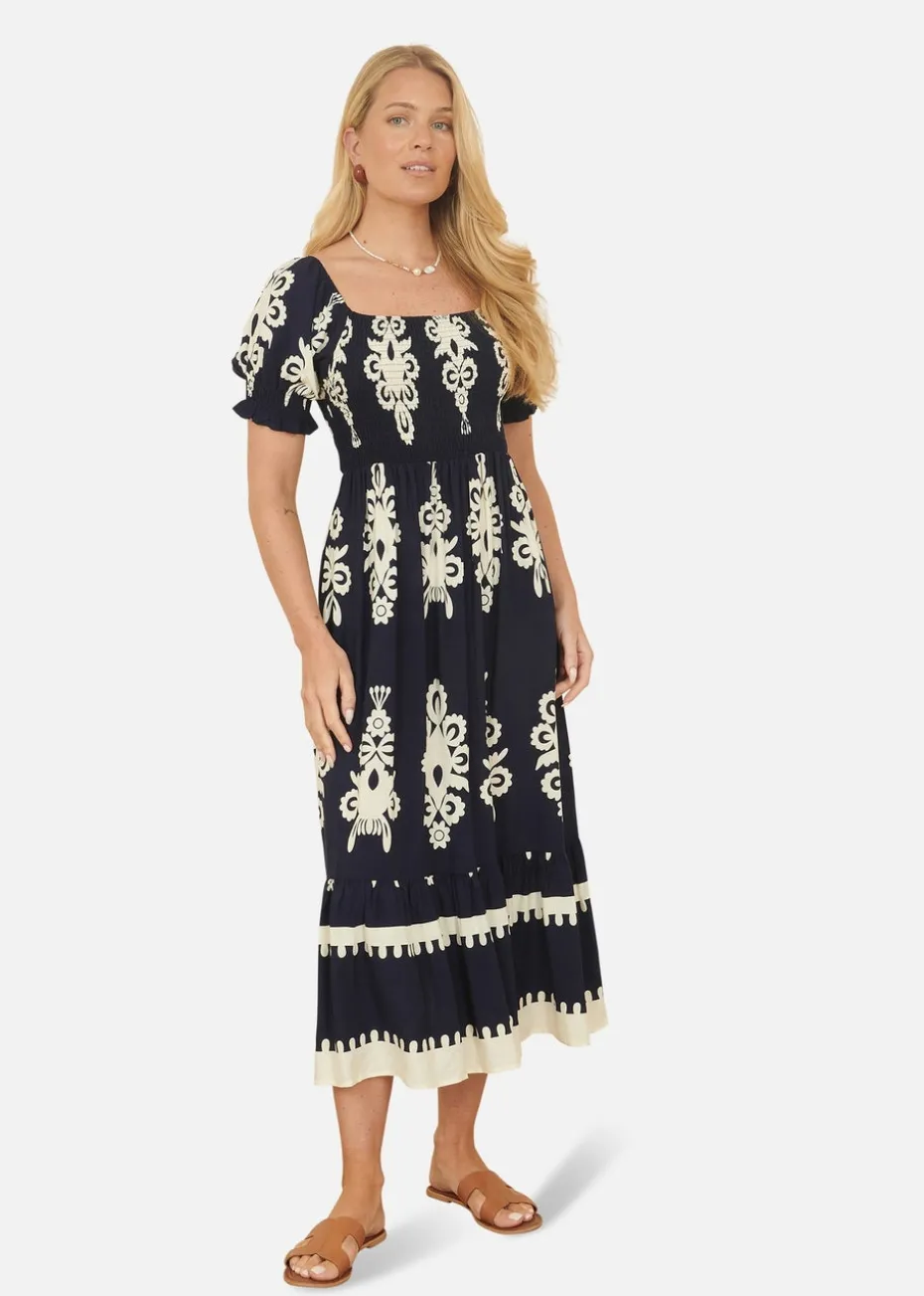 Yumi Navy Block Print Viscose Ruched Midi Dress