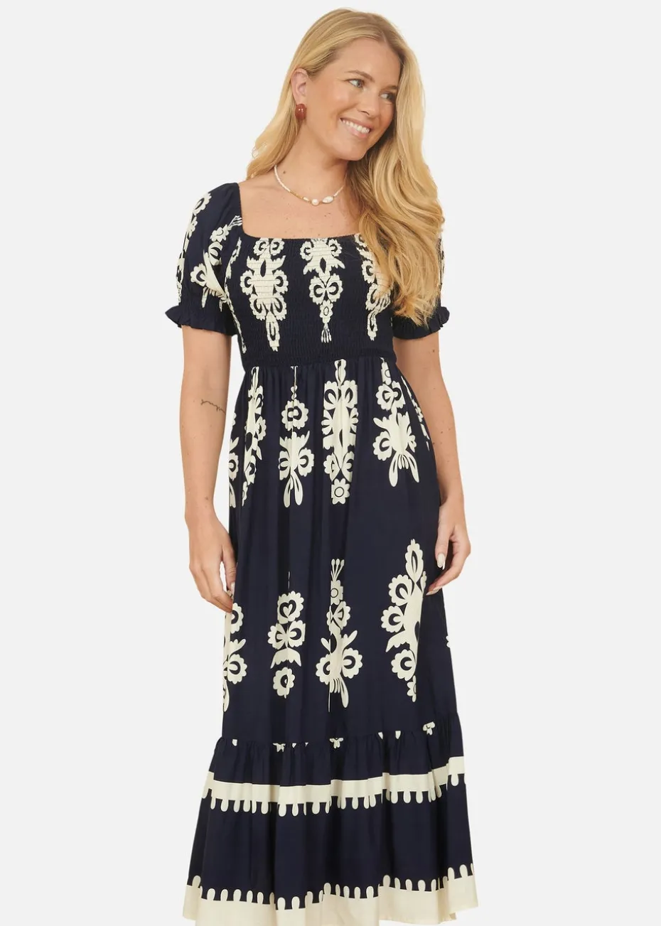Yumi Navy Block Print Viscose Ruched Midi Dress