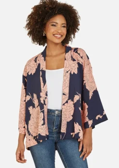 Yumi Navy Blossom Print Kimono