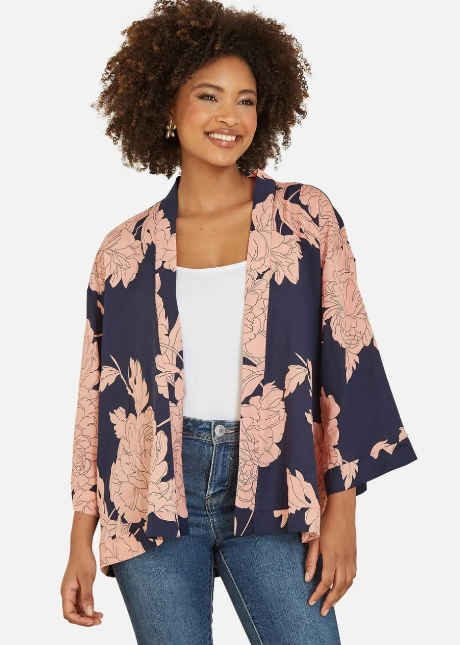 Yumi Navy Blossom Print Kimono