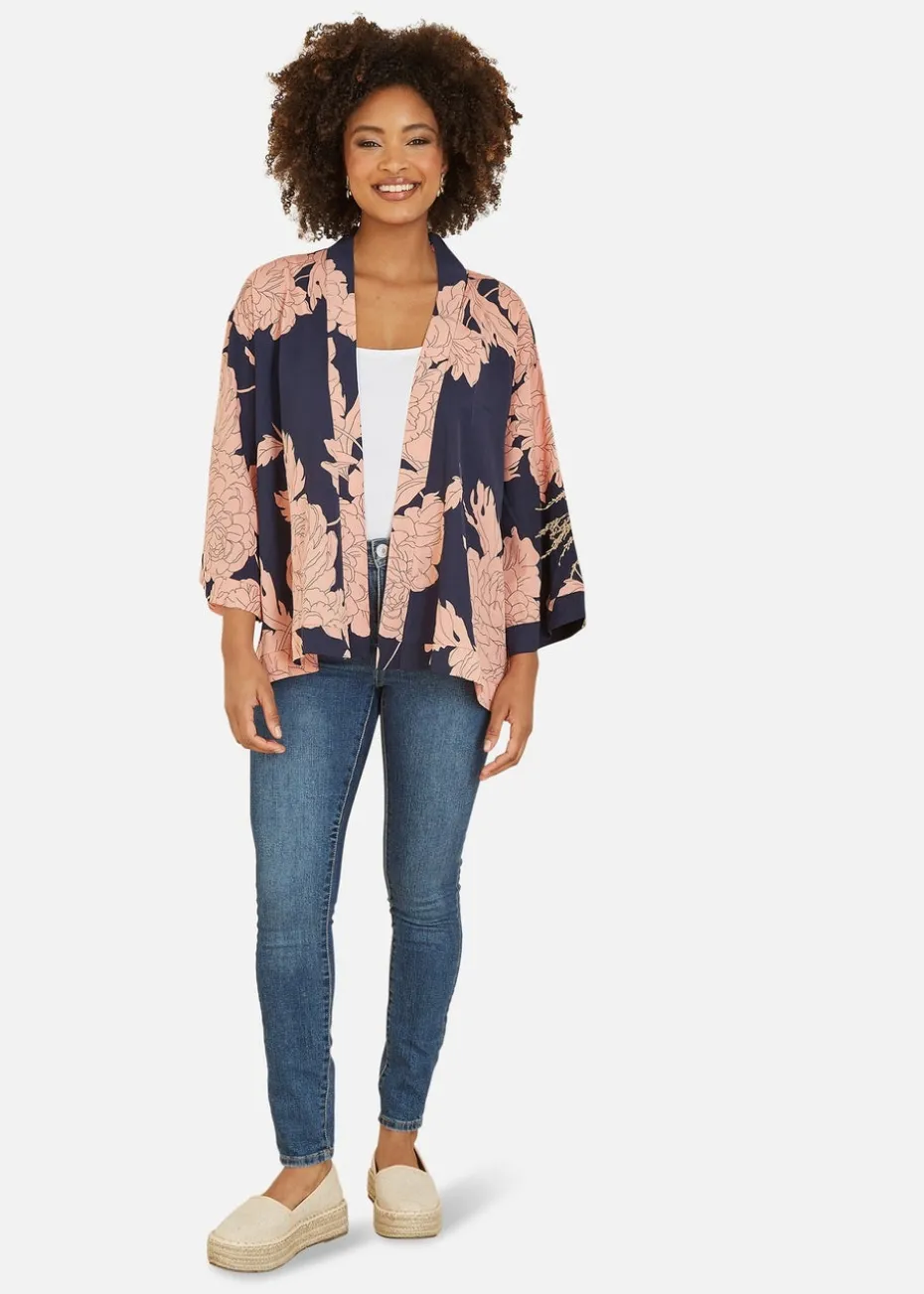 Yumi Navy Blossom Print Kimono