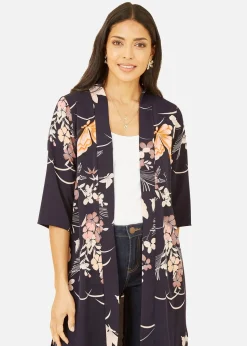 Yumi Navy Butterfly Print Long Kimono