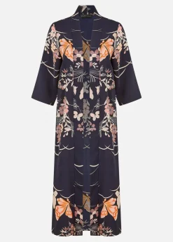 Yumi Navy Butterfly Print Long Kimono