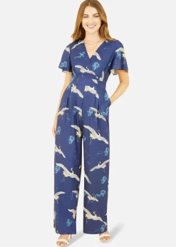 Yumi Navy Crane Print Angel Sleeve Jumpsuit