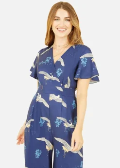 Yumi Navy Crane Print Angel Sleeve Jumpsuit